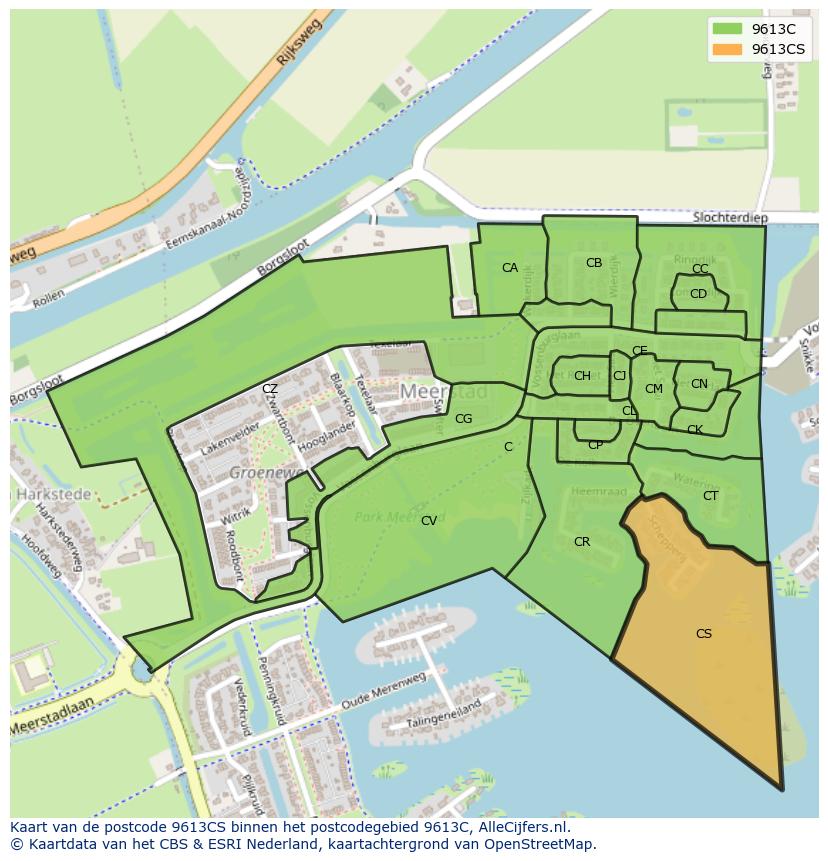 Afbeelding van het postcodegebied 9613 CS op de kaart.