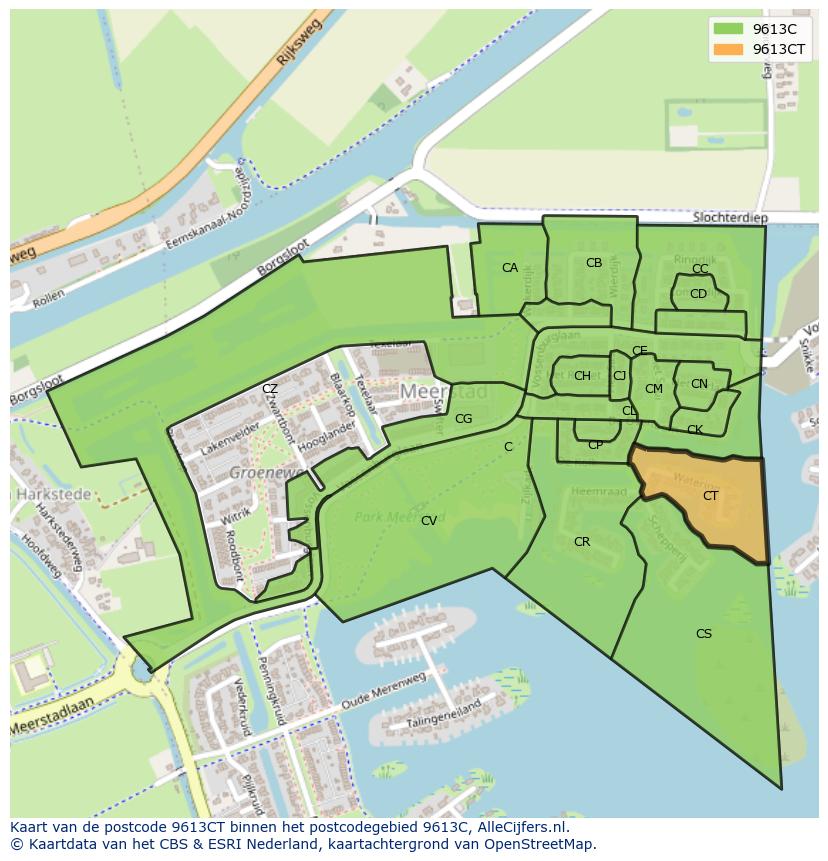 Afbeelding van het postcodegebied 9613 CT op de kaart.