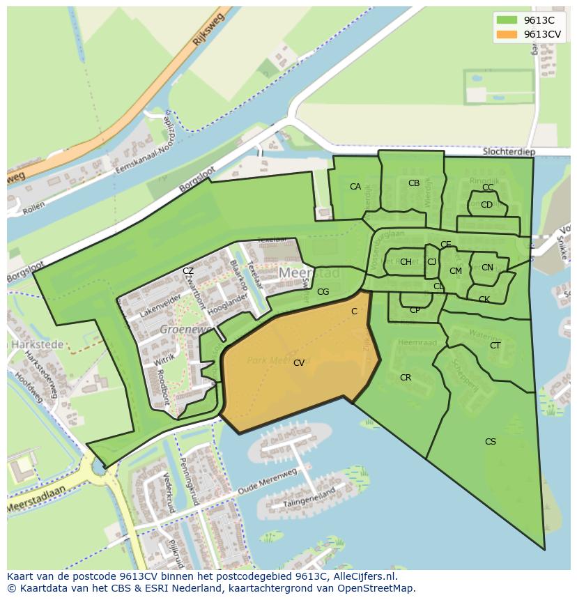 Afbeelding van het postcodegebied 9613 CV op de kaart.