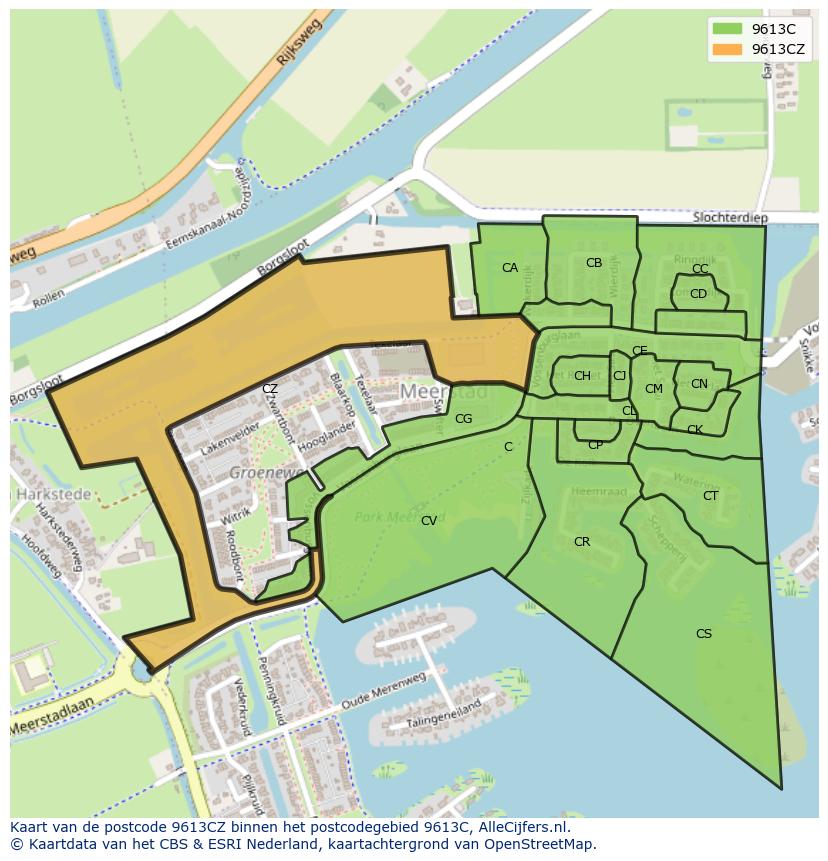 Afbeelding van het postcodegebied 9613 CZ op de kaart.