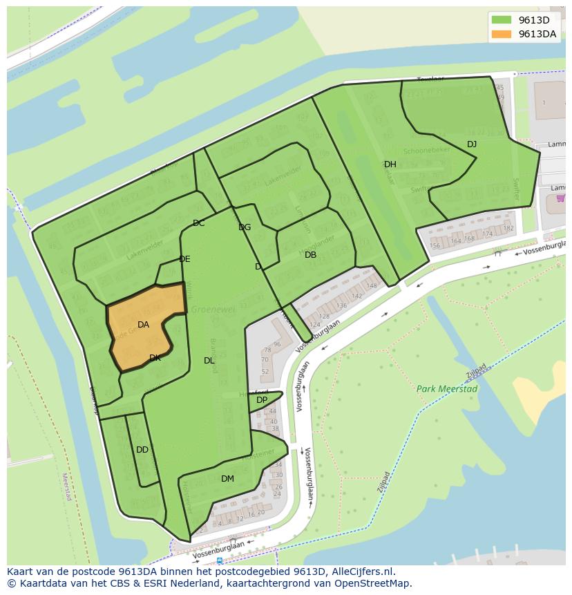 Afbeelding van het postcodegebied 9613 DA op de kaart.