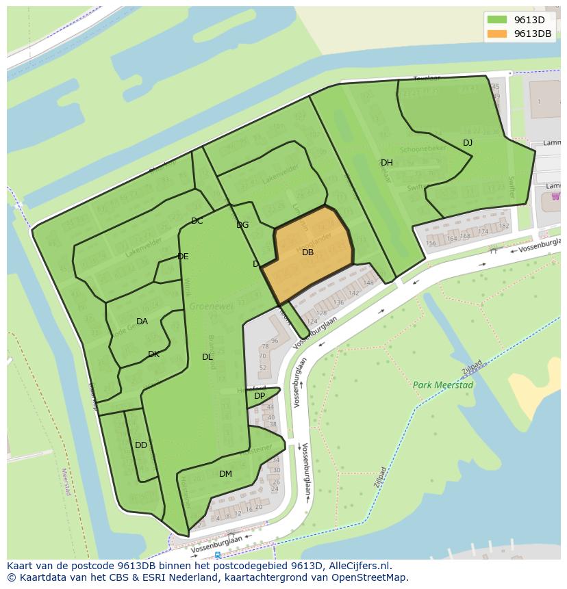Afbeelding van het postcodegebied 9613 DB op de kaart.