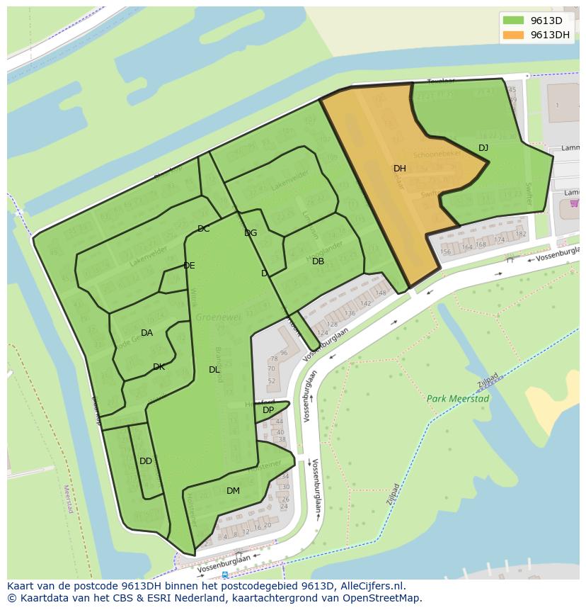 Afbeelding van het postcodegebied 9613 DH op de kaart.