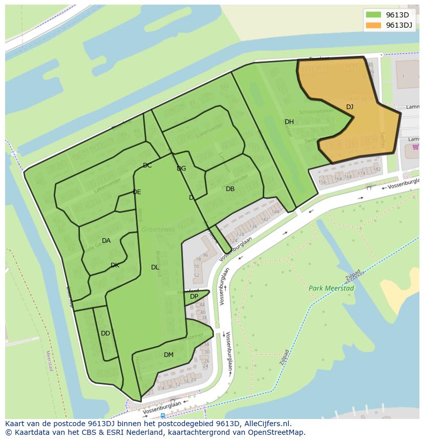 Afbeelding van het postcodegebied 9613 DJ op de kaart.