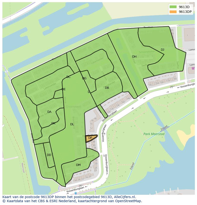 Afbeelding van het postcodegebied 9613 DP op de kaart.