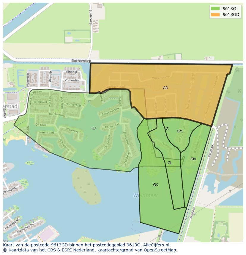 Afbeelding van het postcodegebied 9613 GD op de kaart.