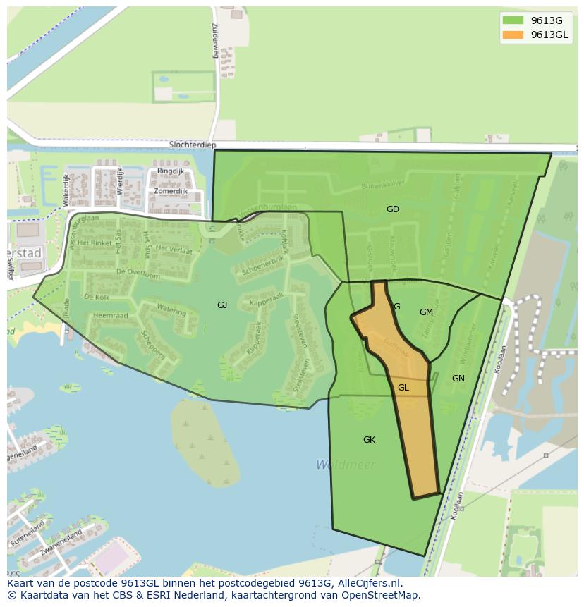 Afbeelding van het postcodegebied 9613 GL op de kaart.