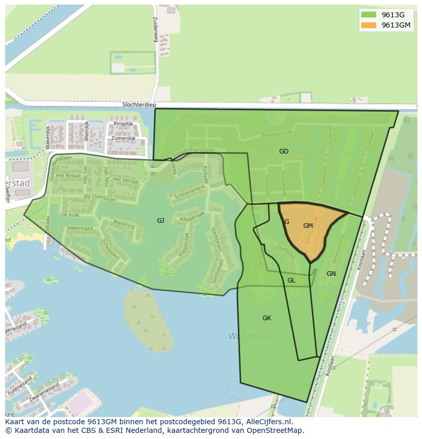 Afbeelding van het postcodegebied 9613 GM op de kaart.