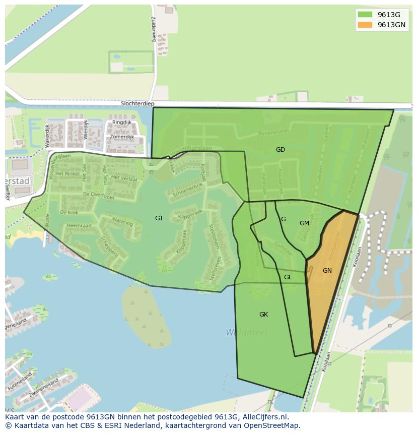 Afbeelding van het postcodegebied 9613 GN op de kaart.