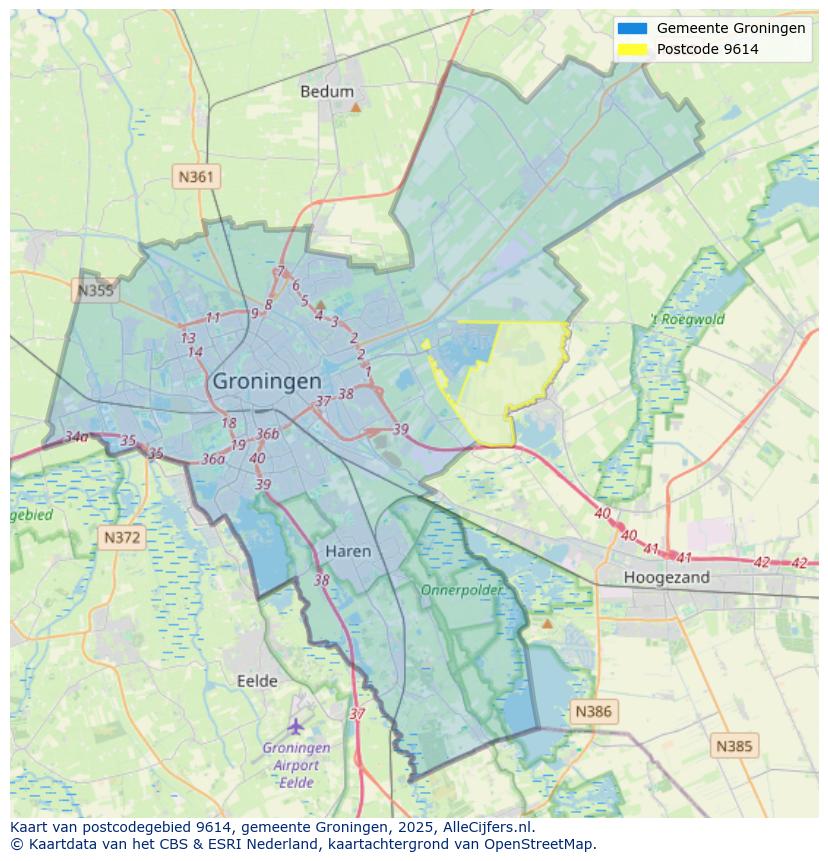 Afbeelding van het postcodegebied 9614 op de kaart.