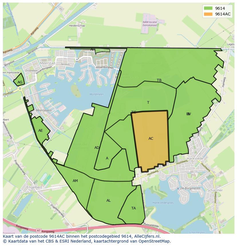 Afbeelding van het postcodegebied 9614 AC op de kaart.