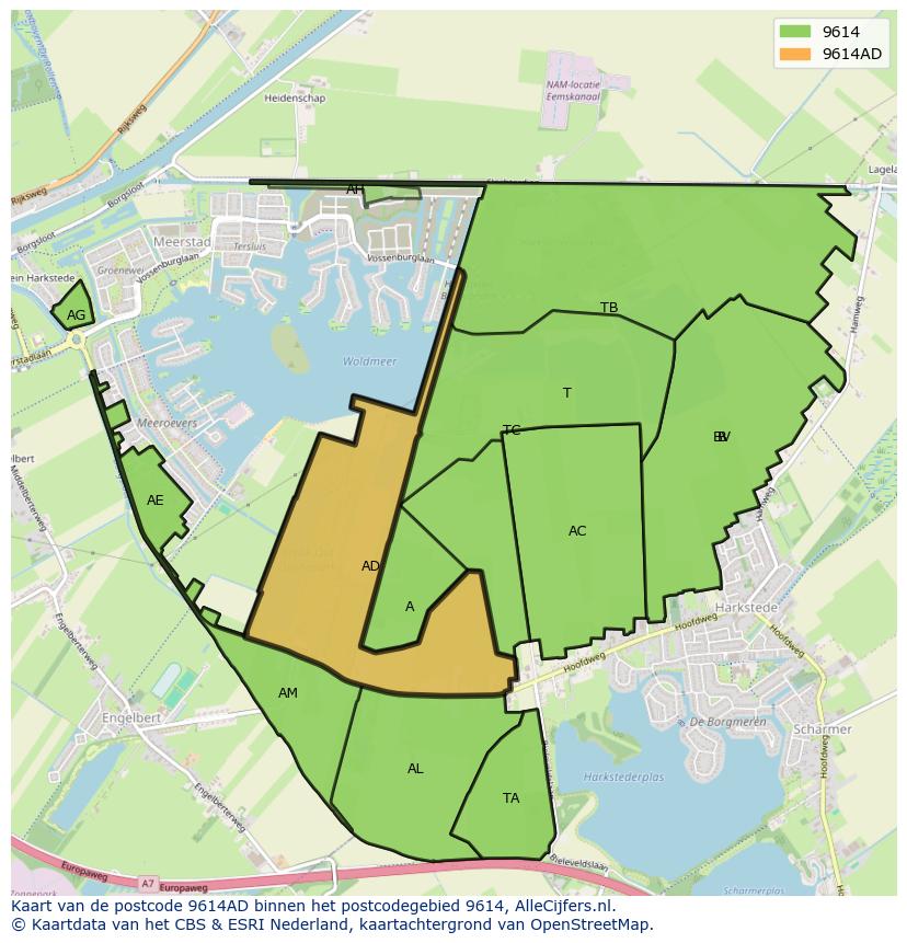 Afbeelding van het postcodegebied 9614 AD op de kaart.
