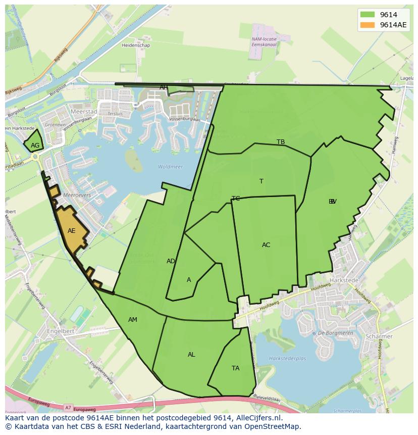 Afbeelding van het postcodegebied 9614 AE op de kaart.