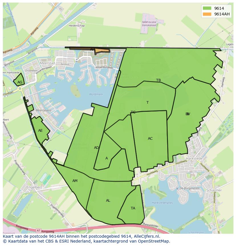Afbeelding van het postcodegebied 9614 AH op de kaart.