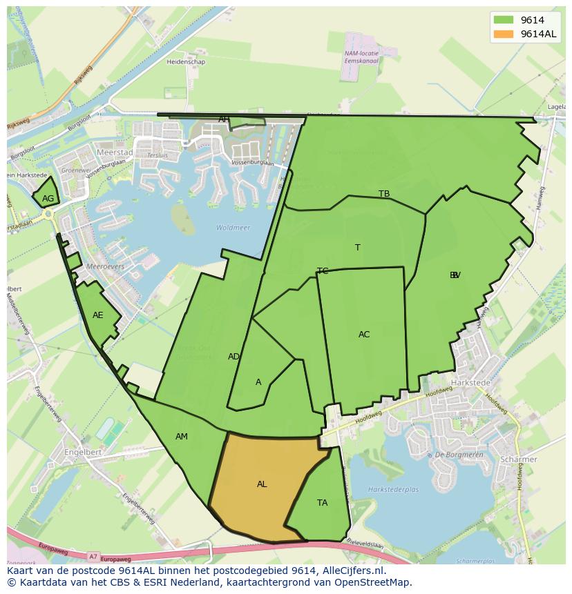 Afbeelding van het postcodegebied 9614 AL op de kaart.