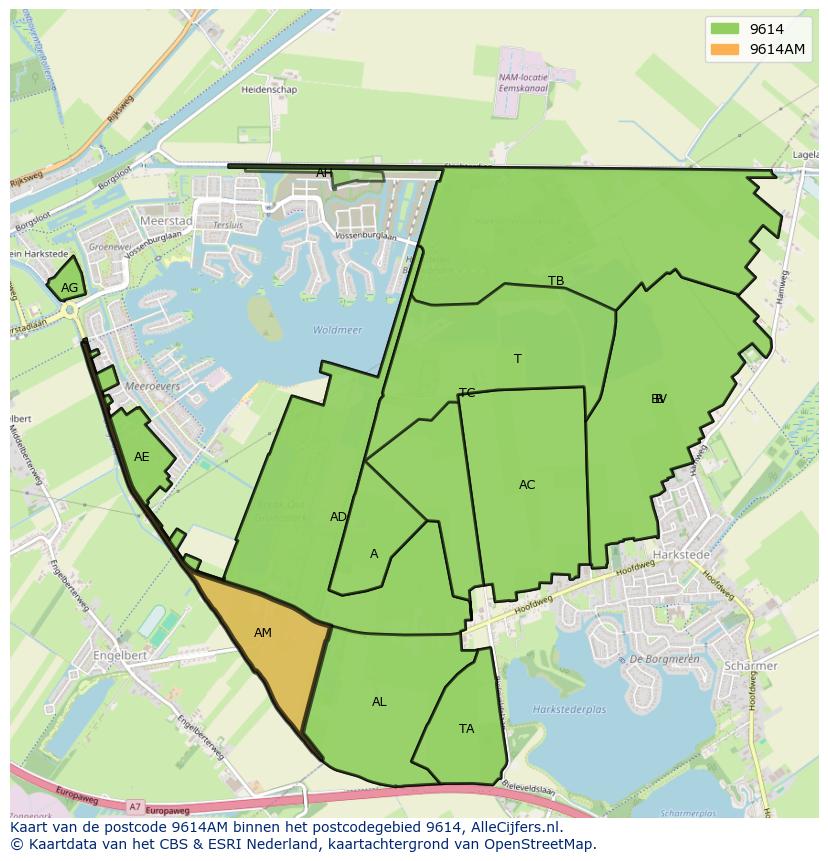 Afbeelding van het postcodegebied 9614 AM op de kaart.