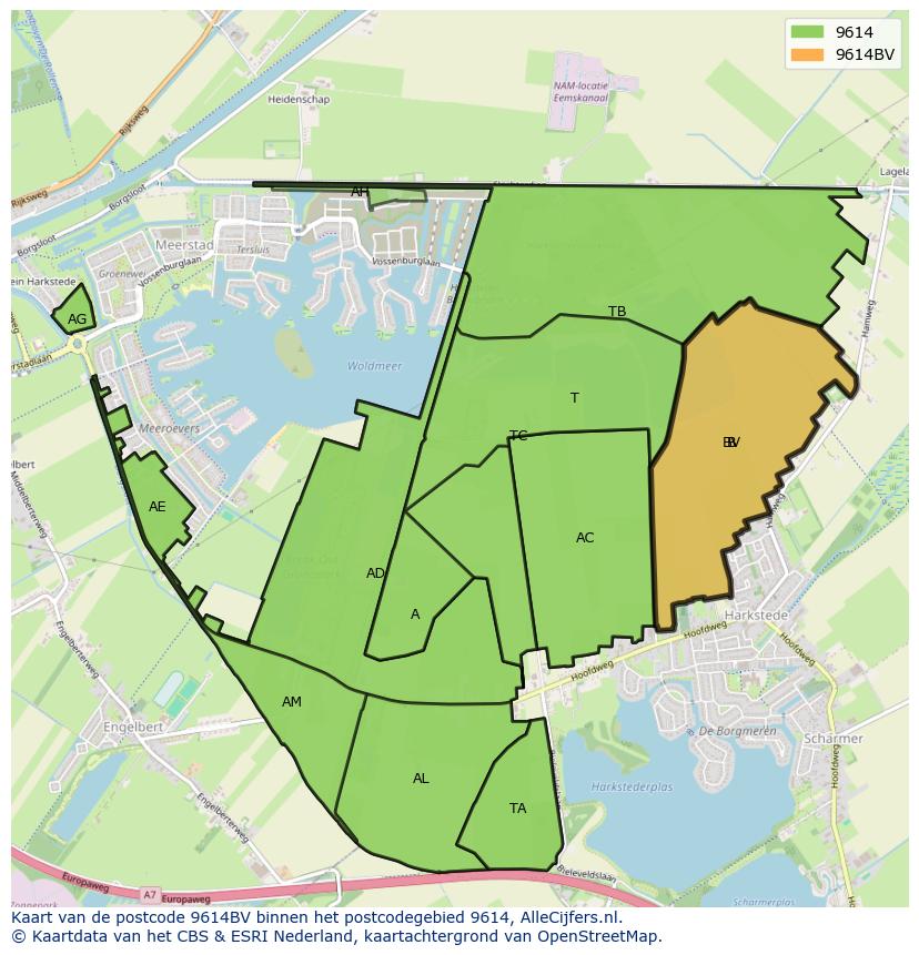 Afbeelding van het postcodegebied 9614 BV op de kaart.