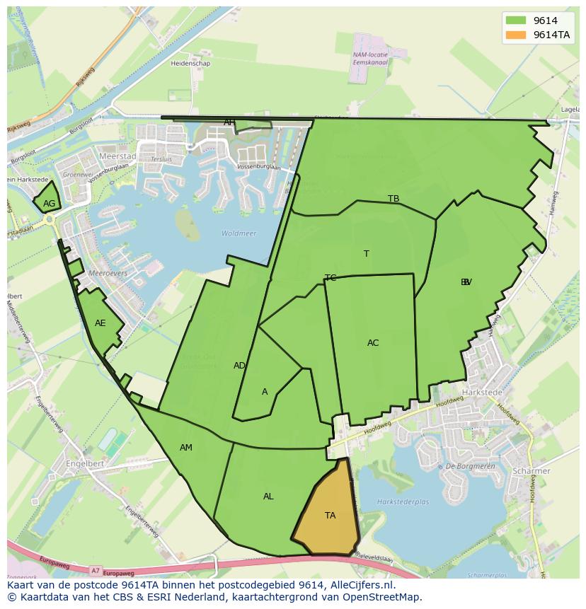 Afbeelding van het postcodegebied 9614 TA op de kaart.