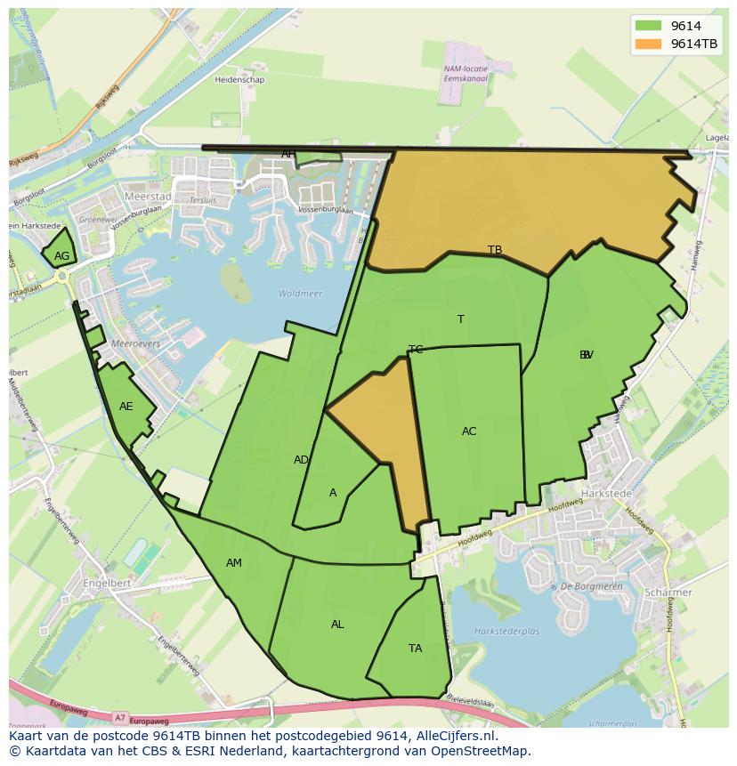 Afbeelding van het postcodegebied 9614 TB op de kaart.