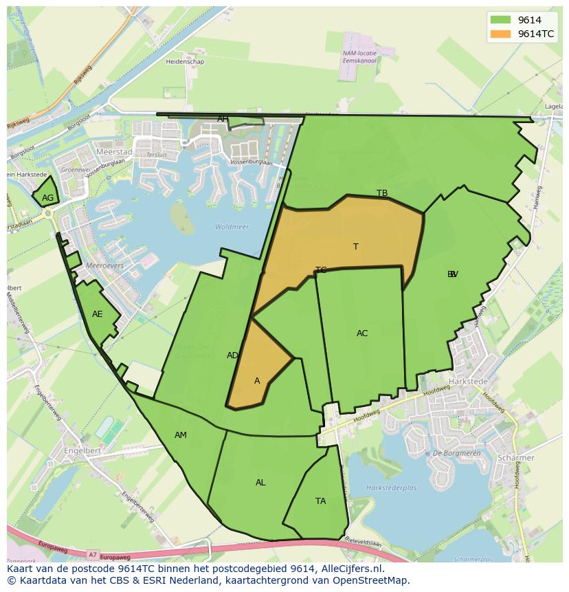 Afbeelding van het postcodegebied 9614 TC op de kaart.