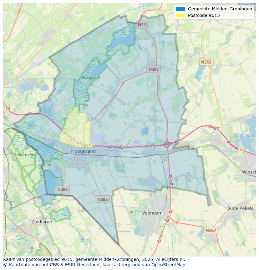Afbeelding van het postcodegebied 9615 op de kaart.