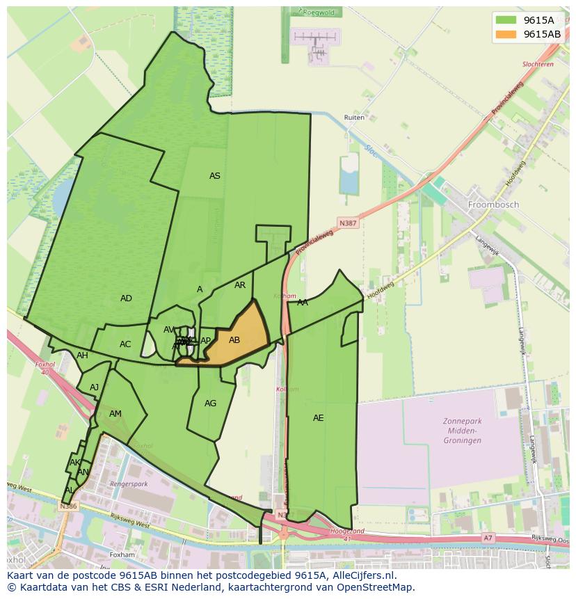 Afbeelding van het postcodegebied 9615 AB op de kaart.
