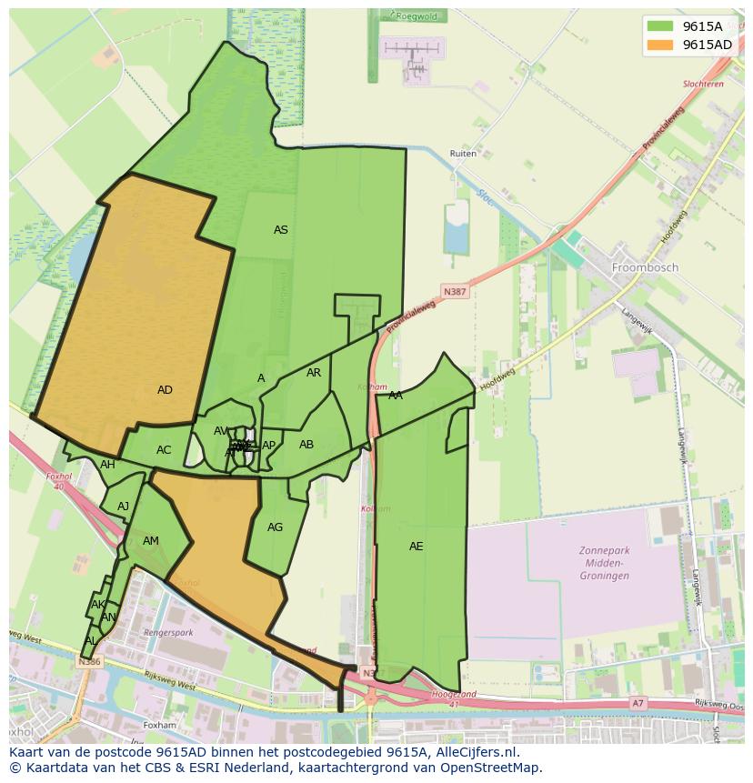 Afbeelding van het postcodegebied 9615 AD op de kaart.