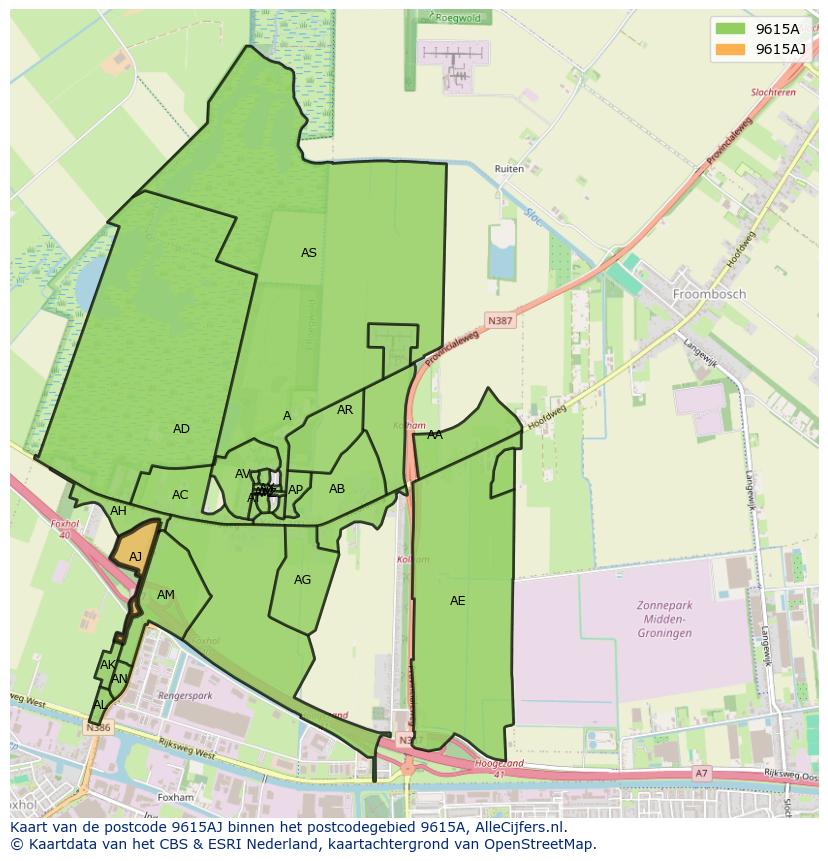 Afbeelding van het postcodegebied 9615 AJ op de kaart.