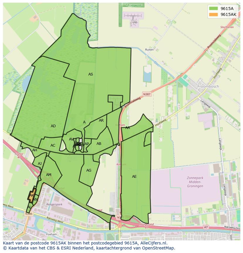 Afbeelding van het postcodegebied 9615 AK op de kaart.