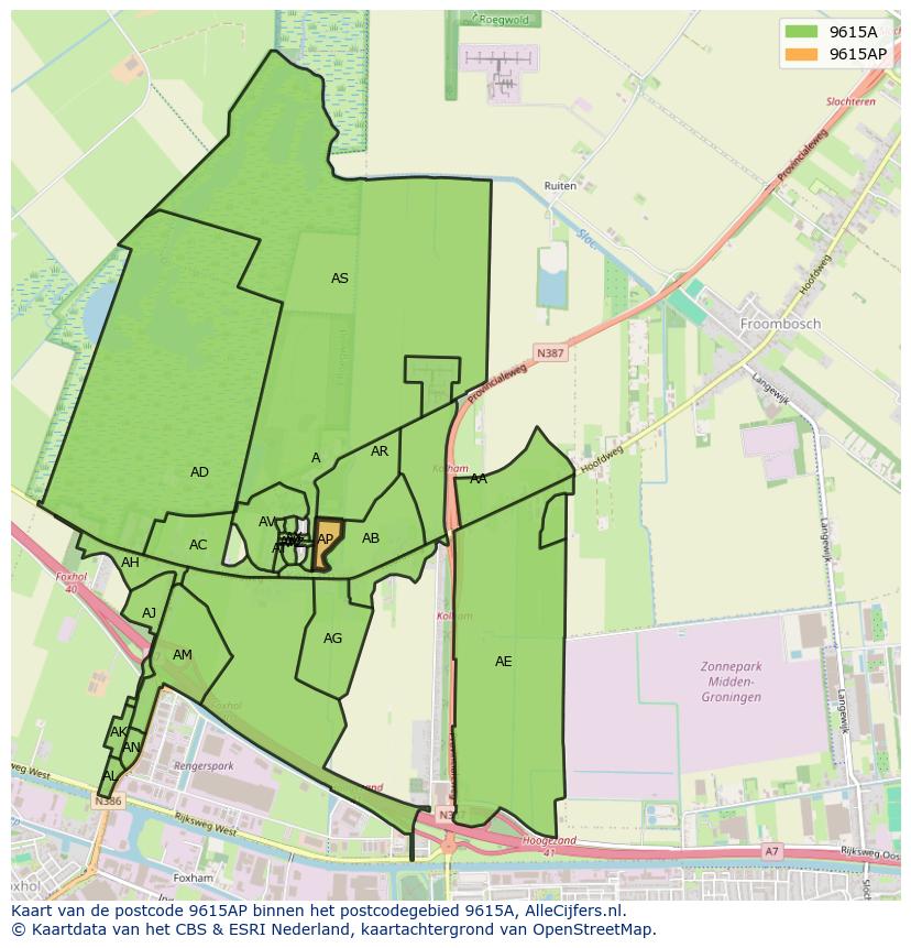 Afbeelding van het postcodegebied 9615 AP op de kaart.