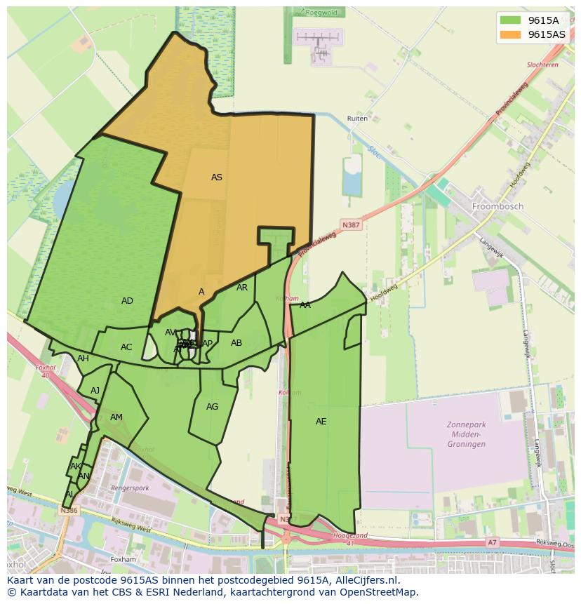 Afbeelding van het postcodegebied 9615 AS op de kaart.