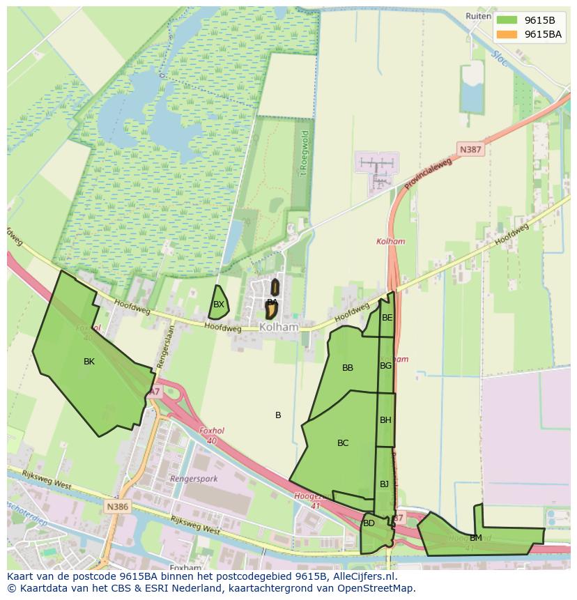 Afbeelding van het postcodegebied 9615 BA op de kaart.