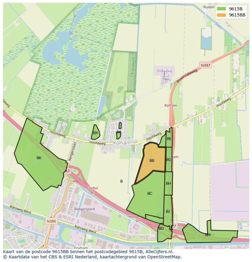 Afbeelding van het postcodegebied 9615 BB op de kaart.
