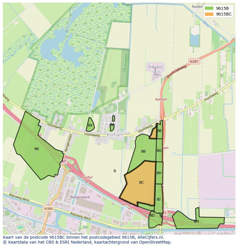 Afbeelding van het postcodegebied 9615 BC op de kaart.