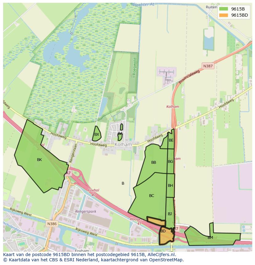 Afbeelding van het postcodegebied 9615 BD op de kaart.