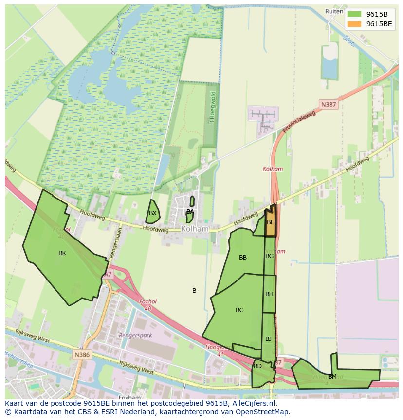 Afbeelding van het postcodegebied 9615 BE op de kaart.