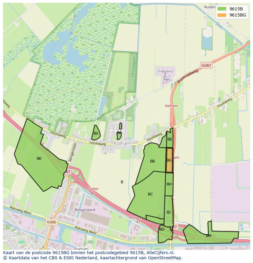 Afbeelding van het postcodegebied 9615 BG op de kaart.