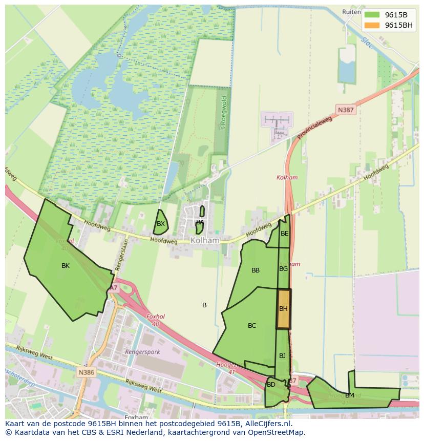 Afbeelding van het postcodegebied 9615 BH op de kaart.