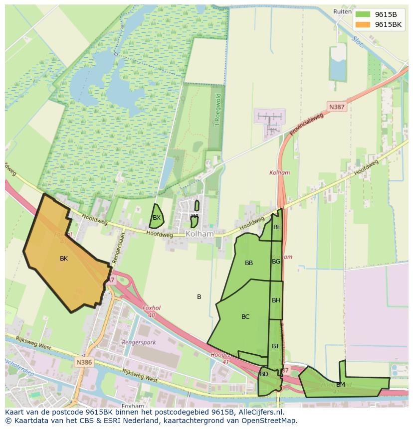 Afbeelding van het postcodegebied 9615 BK op de kaart.