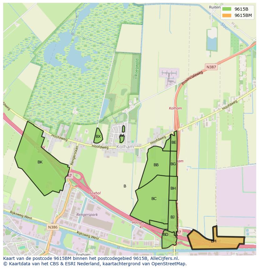 Afbeelding van het postcodegebied 9615 BM op de kaart.