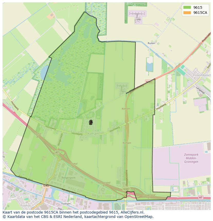 Afbeelding van het postcodegebied 9615 CA op de kaart.