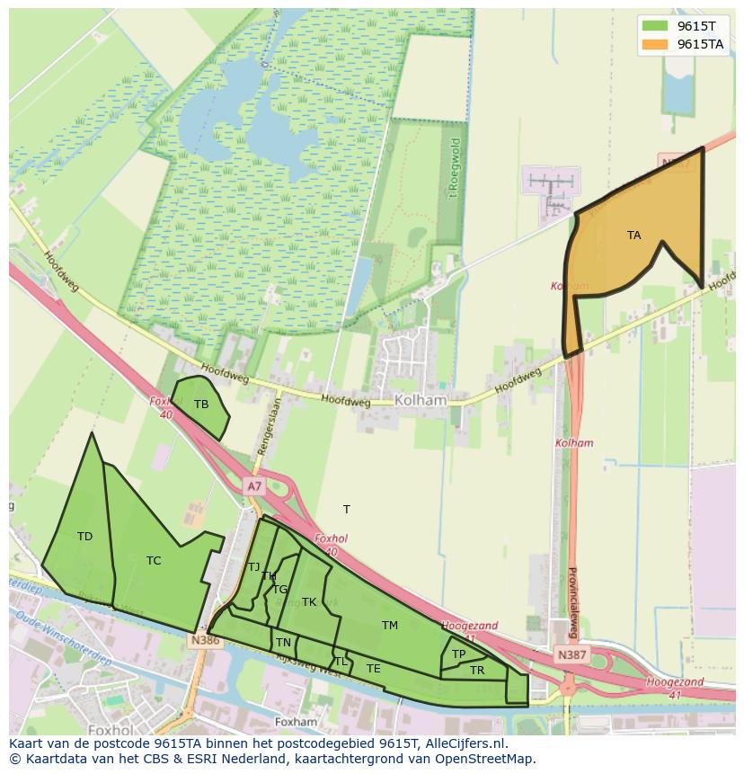 Afbeelding van het postcodegebied 9615 TA op de kaart.