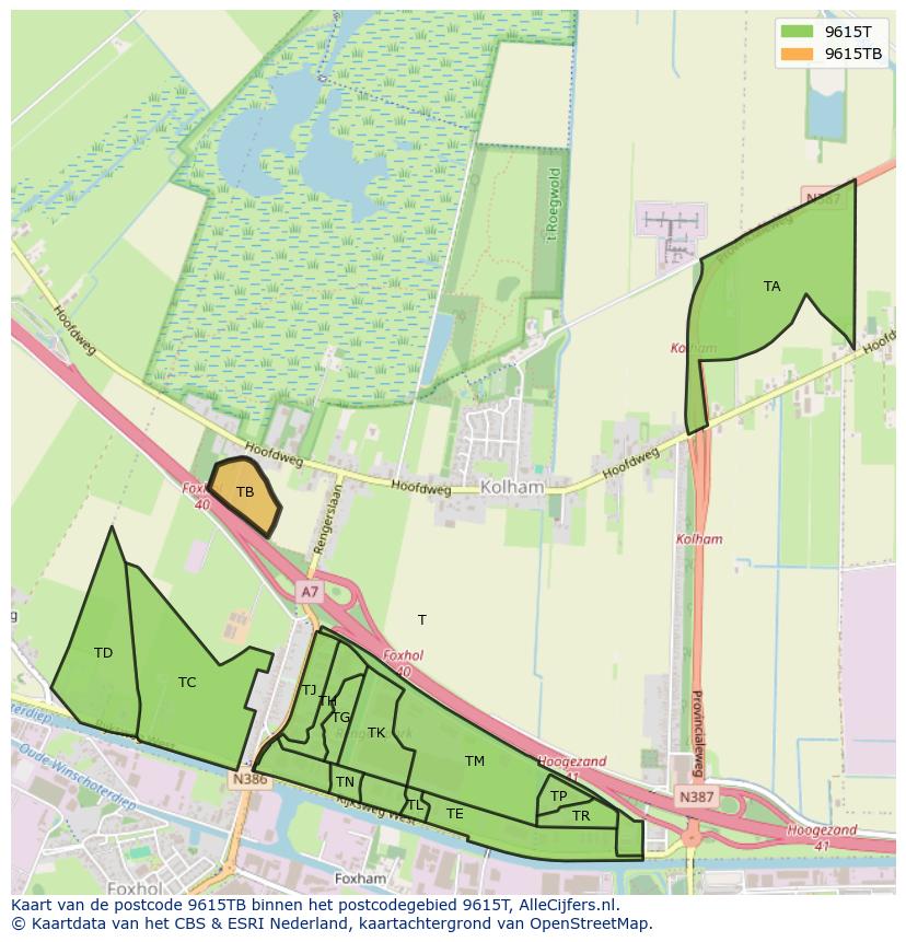 Afbeelding van het postcodegebied 9615 TB op de kaart.