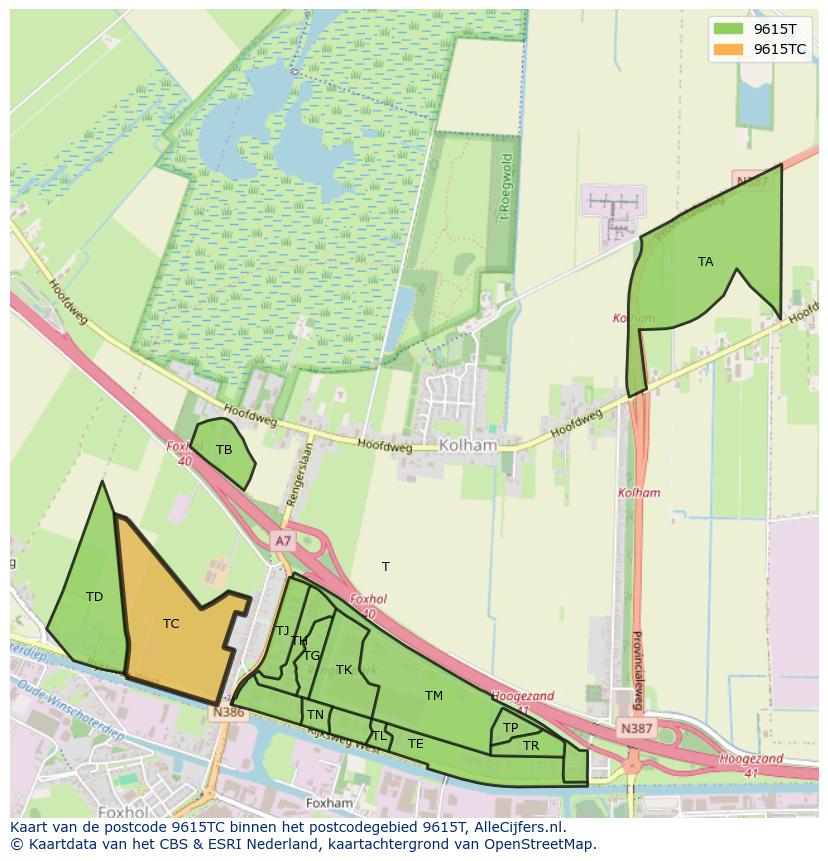 Afbeelding van het postcodegebied 9615 TC op de kaart.