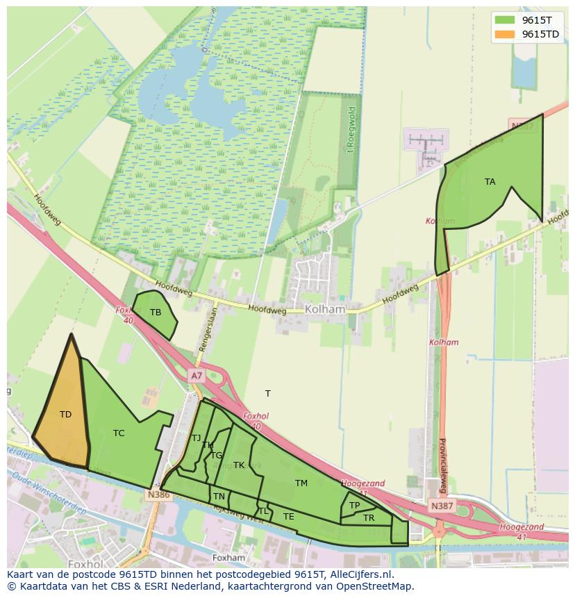 Afbeelding van het postcodegebied 9615 TD op de kaart.
