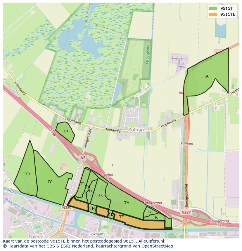Afbeelding van het postcodegebied 9615 TE op de kaart.