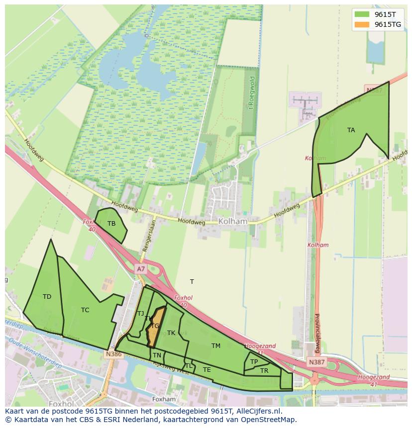 Afbeelding van het postcodegebied 9615 TG op de kaart.