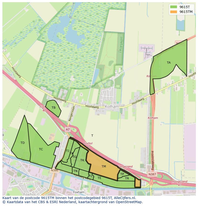 Afbeelding van het postcodegebied 9615 TM op de kaart.