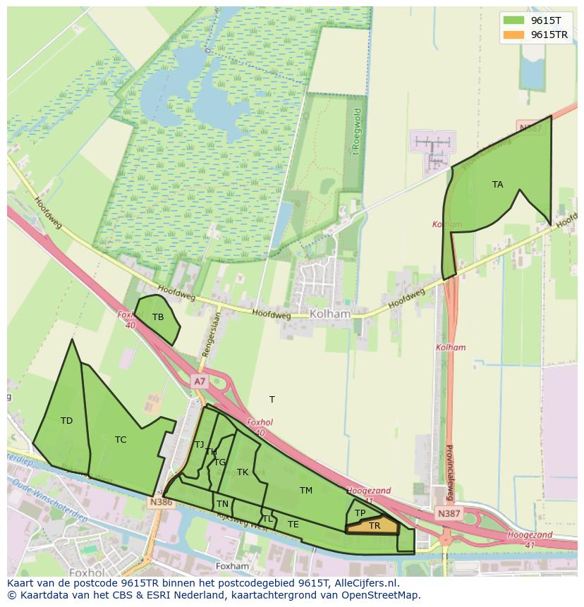 Afbeelding van het postcodegebied 9615 TR op de kaart.