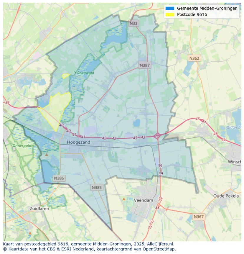 Afbeelding van het postcodegebied 9616 op de kaart.